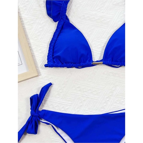 Ruffle Brazilian Bikini Set Swimsuit Light Blue Turquoise Braided - Picture 5 of 9